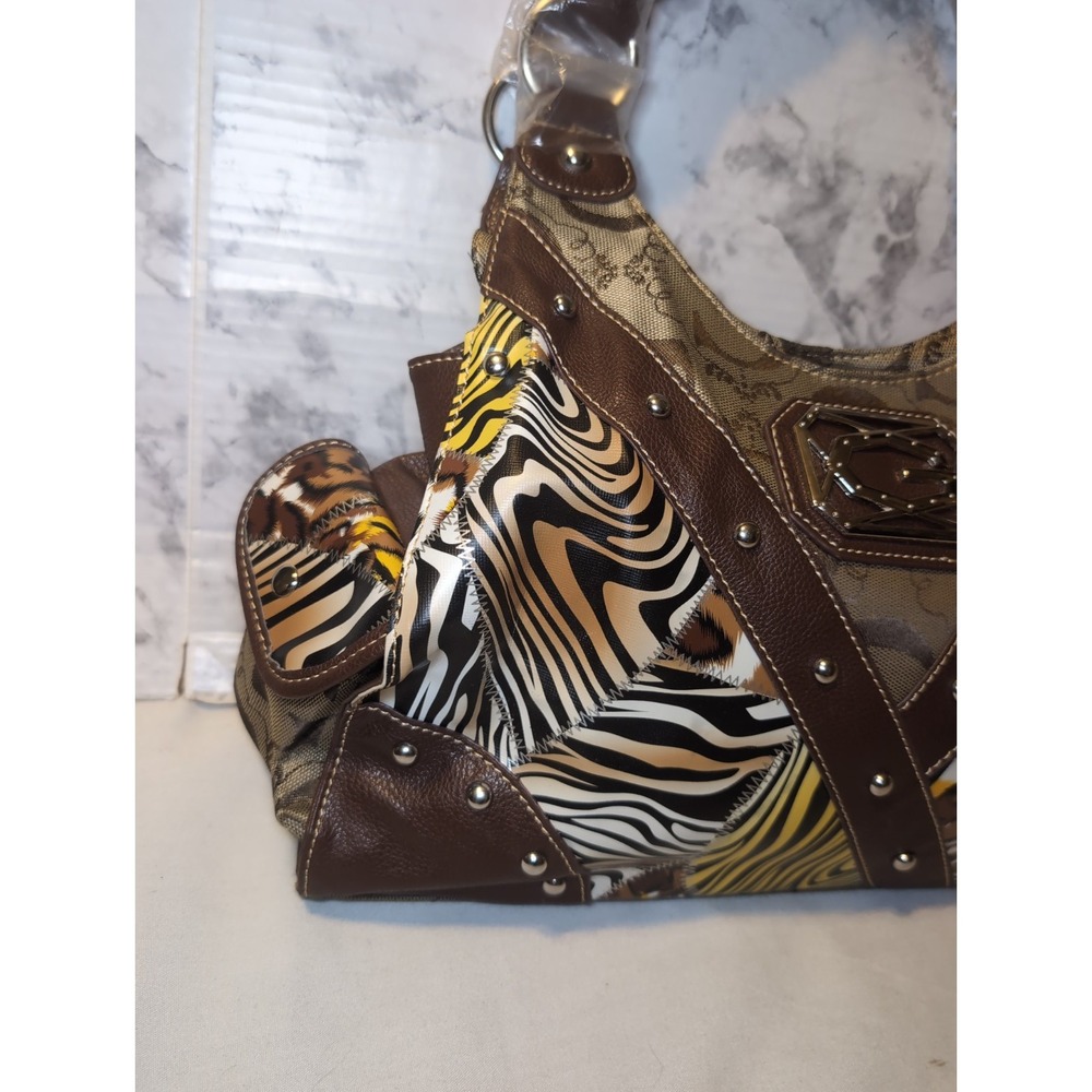 GUESS ? Patchwork Animal Purse Bag Silver Logo Hardware Double Handles 14.5"x9" - Picture 2 of 11